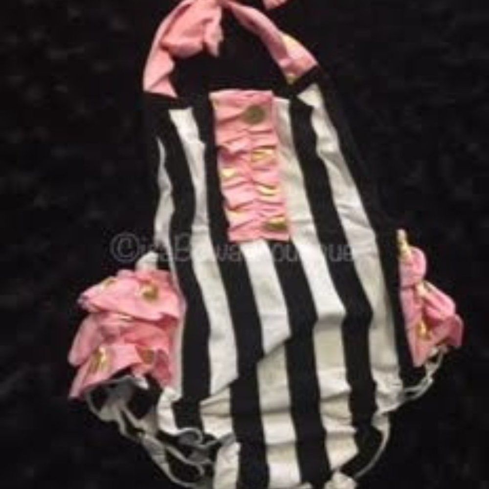 Black/White Stripe w/ Pink Gold Dot Bubble Romper  3296  Med 6-12M NWT Boutique